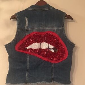 Upcycled sequin lips patched rocker biker denim jean vest